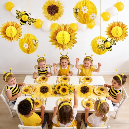 SUNBEAUTY Sunflower Party Decorations 3D Bee Honeycomb Hanging Decor Yellow Tissue Paper Flowers Birthday Yellow Sunflower Ceiling for Classroom Bulletin Board Wall Baby Shower Summer Garden Party - Image 5