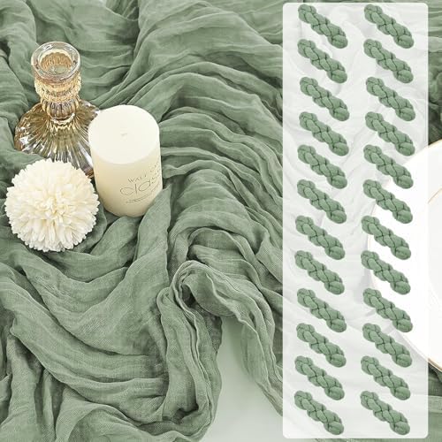 24 Pack Cheesecloth Table Runner, 35 x 120 Inch Boho Gauze Sage Green Table Runner 10ft Rustic Sheer Cheese Cloth Table Decor for Wedding Baby Bridal Shower Birthday Party Table Decoration by PWDAN