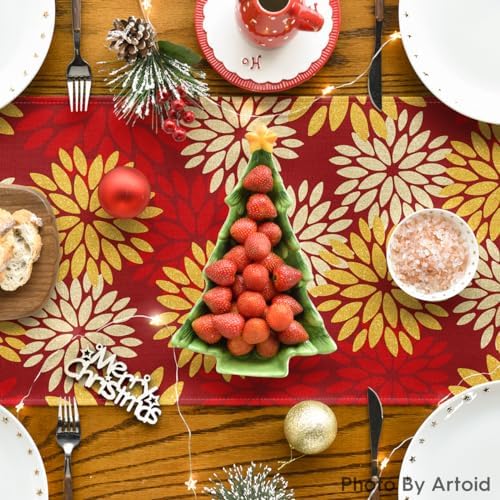 Artoid Mode Red Orange Dahlia Floral 2025 New Year Table Runner, Spring Festival Winter Holiday Kitchen Dining Table Decoration for Home Party Decor 13x72 Inch - Image 4