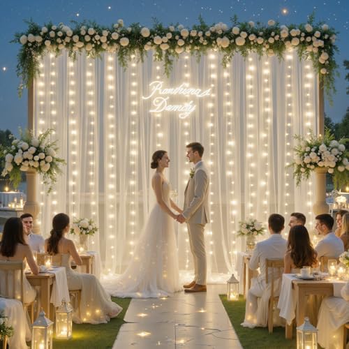 Ivory Tulle Backdrop Curtains with Lights String for Parites Wedding 10×10ft Sheer Backdrop Curtains for Baby Shower Birthday Party Photo Shoot Background Decorations - Image 4