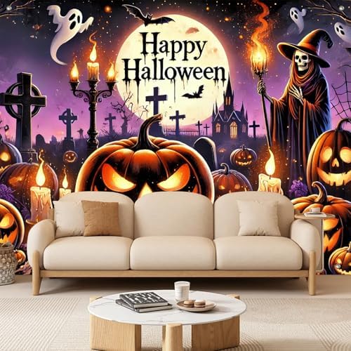 BlissYard Halloween Backdrop Moonlit Cemetery Scene 8x6ft - Image 2