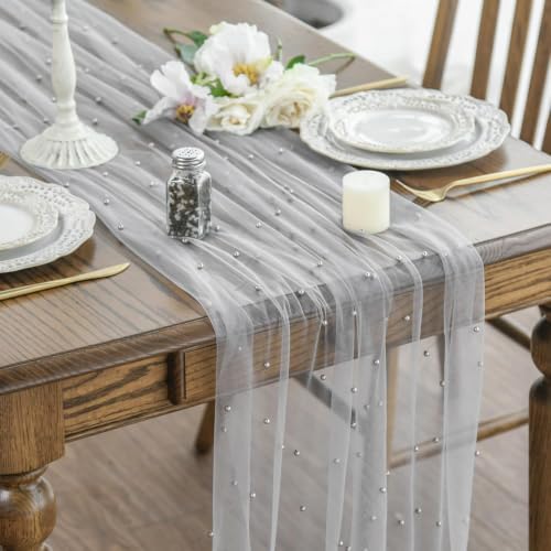 Artoid Mode Pearl Grey Gauze Table Runner 59x120 Inch , Seasonal Sheer Kitchen Dining Holiday Wedding Birthday Baby Shower Table Decor for Home Party by ArtoidMode