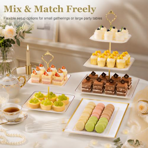 8 Pcs Dessert Display Set, 2 3-Tier Cupcake Stands, 4 Trays & 2 Tongs - Image 6