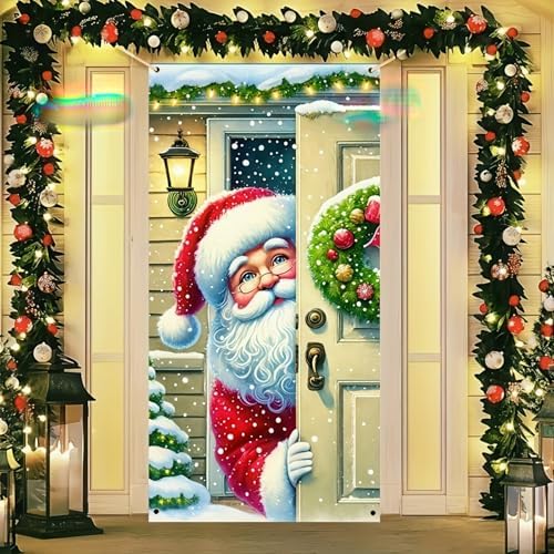 BlissYard Christmas Door Cover Peeking Santa 35x71 Inch Polyester by BlissYard