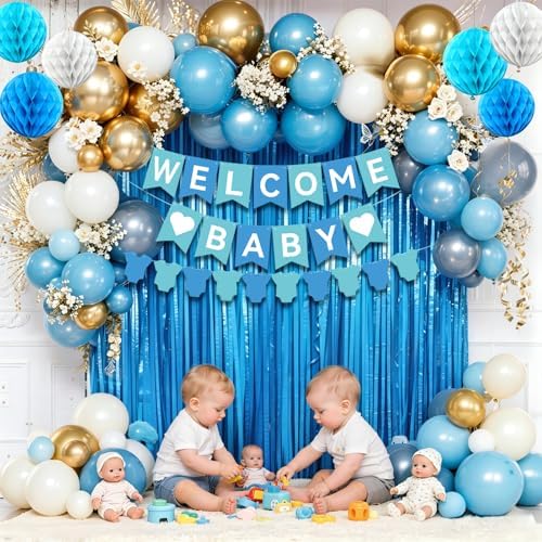 Blue Baby Shower Decorations- Girls Shower Decor Set With- Welcome Baby Banner, Clothes Banner, Fringe Curtains, Cake Topper, Honeycomb Ball, Dusty Blue Latex Balloon and Aluminum Foil Balloons (Boy) - Image 4