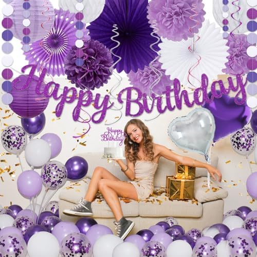 Purple Birthday Decorations for Women Girls,Happy Banner,Lilac Paper Lanterns Tissue Pom Poms Flower Fan,Purple White Balloon Décor For 40th 50th Anniversary Princess Backdrop Party Supplies - Image 5