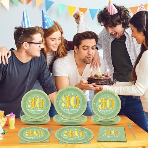 96Pcs Green Gold 30th Birthday Party Plates and Napkins for Women Men Sage Green 30 Year Old Birthday Party Supplies Themed Paper Dessert Plates Tableware Set for 24 Guests Party Decorations - Image 6