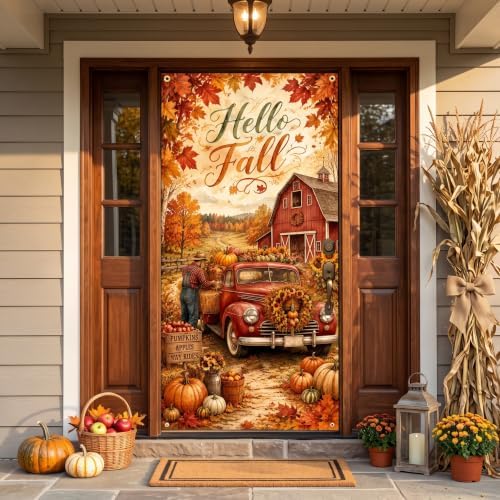 Hello Fall Vertical Door Banner 35×71 Inch Vintage Red Truck Farmhouse Harvest Decor, Autumn Pumpkin Maple Leaf Front Door Hanging Flag for Thanksgiving Outdoor Porch Home Party Seasonal Decoration by Unknown