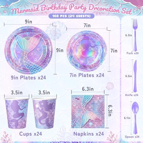 168PCS Mermaid Party Supplies, Purple Mermaid Tableware Party Plates Set - Image 2