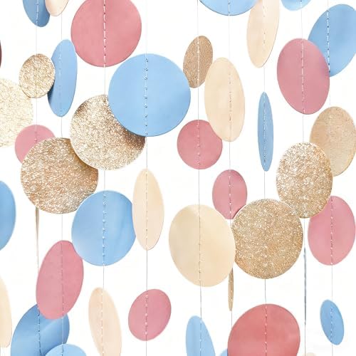 Champagne Gold Dusty Pink Blue Cream Beige Circle Dot Hanging Streamer Polka Dot Garland Banner for Birthday Wedding Bridal Shower Engagement Boho Gender Reveal Party Decorations Supplies by pinkblume