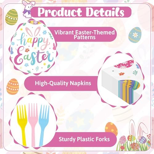QZYL 96 Pcs Easter Plates and Napkins Set, 9 and 7 Inches Colorful Spring Egg Design Paper Plates Napkins Forks, Disposable Tableware for Easter Decoration Spring Picnic Supplies, Serve 24 Guests - Image 3