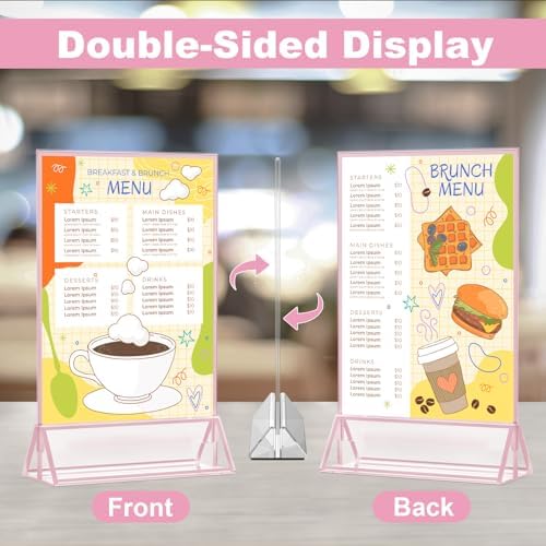 EHWINE 12 Pack Acrylic Sign Holder 5 x 7, Double-Sided Stand up Table Top Sign Holders, Pink Acrylic Picture Frame Menu Flyer Paper Holder Display Stand for Office Business Store Wedding Party - Image 3