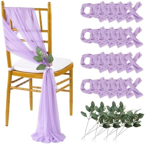 QueenDream Wedding Aisle Chair Sashes Decorations 36 Pieces Light Purple Soft Chair Sashes Tulle Chairs Covers with Artificial Eucalyptus by QueenDream