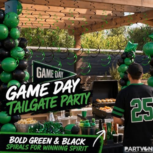 32 PCS Green Black Hanging Swirl Decorations, Sparkle Ceiling Swirls with Plastic Streamers for Graduation, Birthday, Sports Team, Alien Theme Party - Image 7