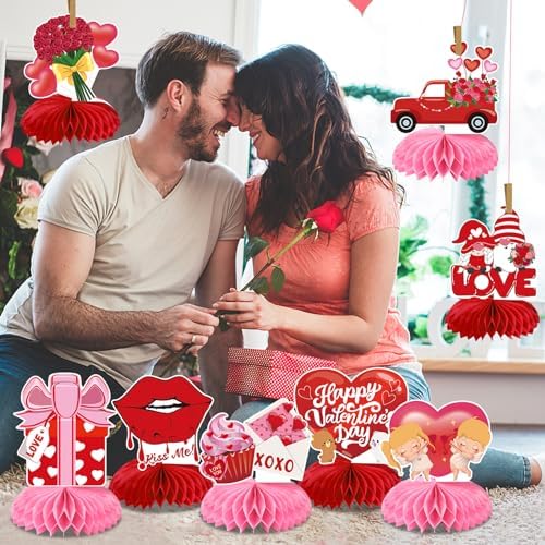 JULMELON 8Pcs Valentines Day Centerpiece for Table 3D Heart Honeycomb Decor - Image 6