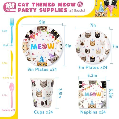Cats Birthday Party Plates Set,168PCS Cat Birthday Tableware Party Supplies - Image 2