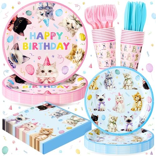 144PCS Cats Birthday Party Plates Set, Blue Pink Birthday Party Supplies by FightingtoAchieve