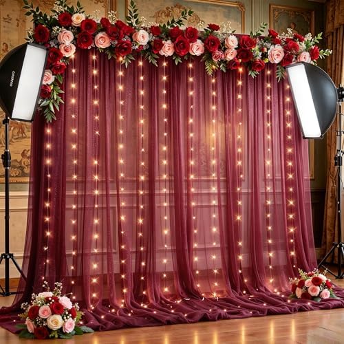 20x10FT Burgundy Wrinkle Free Backdrop Curtains with Lights String for Parties - Photo Curtain Backdrop with Lights for Wedding Decorations, Bridal Baby Shower Birthday Party Photography Background - Image 3