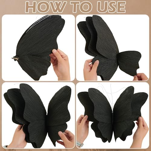 Party Butterfly Decorations, Black 3D Butterfly Birthday Decoration, 4 Pcs Crepe Paper Hanging Decor for Room, School, Black Theme, Flower Party for Garden, Dining Table Decor - Image 3