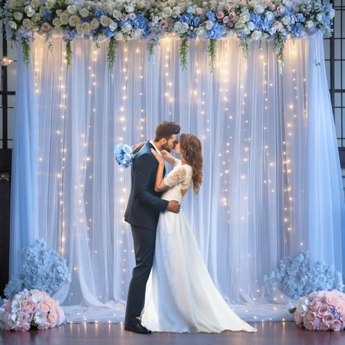 Blue Tulle Backdrop Curtains with Lights String for Parites Baby Shower 30×8ft Blue Sheer Backdrop Curtains Drapes for Bridal Shower Birthday Party Photo Shoot Background Decorations(6 Panels 5×8ft) - Image 3