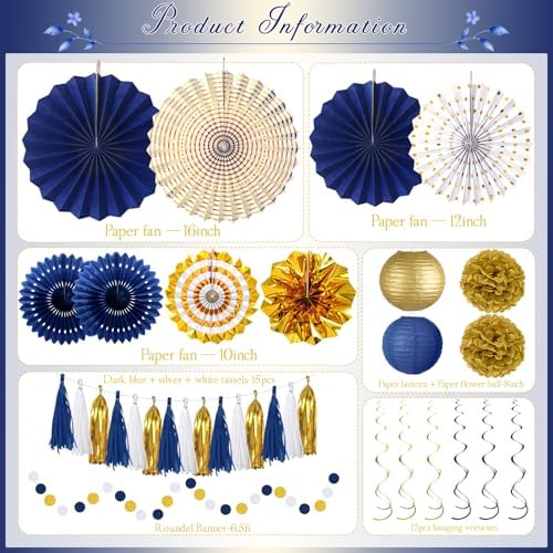 Meiduo 34 Pcs Blue Gold Party Decorations, Paper Fans Lanterns Pom Poms Set - Image 2