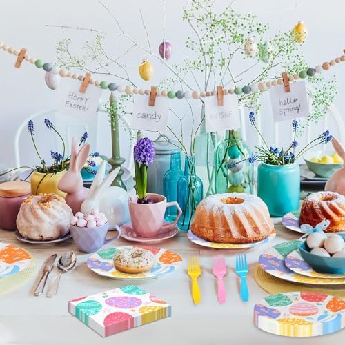 96 Pieces Easter Day Tableware Set Party Supplies - Colorful Eggs Pattern Disposable Dinnerware with Paper Plates, Napkins, Forks for Spring Celebrations Picnic Favors - Image 4