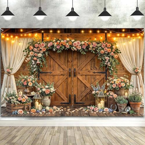 9x6ft Western Wedding Backdrop Rustic Barn Door Photography Backdrop Farmhouse Pink Flower Cabin Wooden Birthday Baby Shower Country Anniversary Bridal Party Banner Photo Booth Props Background - Image 6