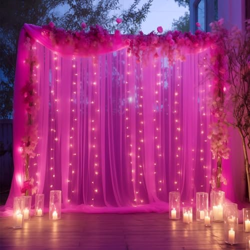 20×10ft Hot Pink Tulle Backdrop Curtain with Lights String for Parties, Sheer Photo Backdrop Curtains for Wedding Party Photography Background - Image 2