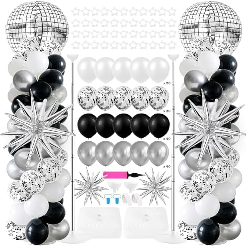 2 Sets Disco Balloon Column Stand Kits Adjustable Black and Silver Balloons Column Kit with Disco Ball Explosion Star 80s Party Themed Tower Stand Kit for Birthday Party Retro Dance Supplies by Unknown