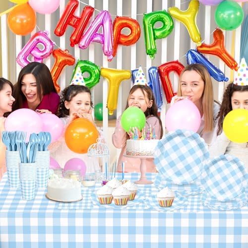 WNINK 176 PCS Light Blue Gingham Plates and Napkins, Blue Checkered Disposable Plates Set with Napkins Cups Plastic Spoons Forks Knives for Dinner Birthday Baby Shower Wedding Supplies Serve 25 Guests - Image 4