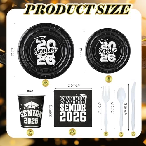 Yungyan 252 Pcs Senior 2026 Graduation Party Tableware Set Black and White Class of 2026 Grad Paper Plates Napkins Cups Forks Knives Cutlery for Graduate Party Decorations Supplies,Serve 36 - Image 2