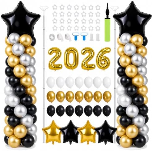 2 Sets Graduation Balloon Column Stand Kits with Balloons 2026 Grad Themed Decoration Navy Blue Balloon Tower Stand Kit for Grad High School & College Celebration Party Decor (Black Gold, 2) by Unknown