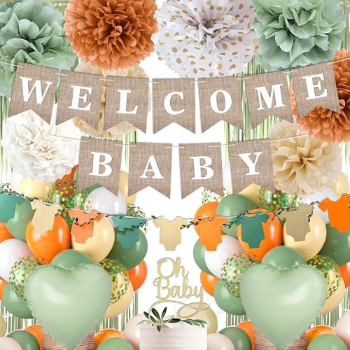 Orange Green Baby Shower Decorations-Welcome Banner Sage Green Sand White Confetti Balloon 'Oh-Baby' Cake Topper Fringe Curtains Paper Pom Poms for Boho Neutral Little Cutie Baby Shower Fall Party by Unknown