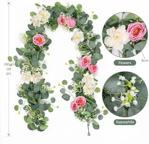 TOCHGREEN 2 Pack Artificial Eucalyptus Flower Garland with Pink White Roses - Image 3