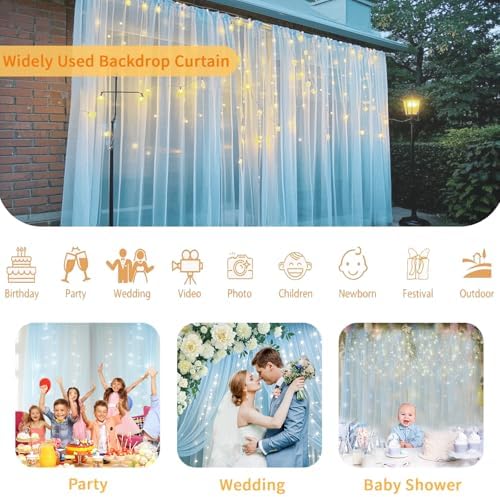 Gallety Baby Blue Tulle Backdrop Curtain with String Lights, 10x8ft Sheer Blue Backdrop Curtain for Photography, Wedding, Boy Gender Reveal, Baby Shower, Birthday, Baptism, Easter Decorations - Image 3