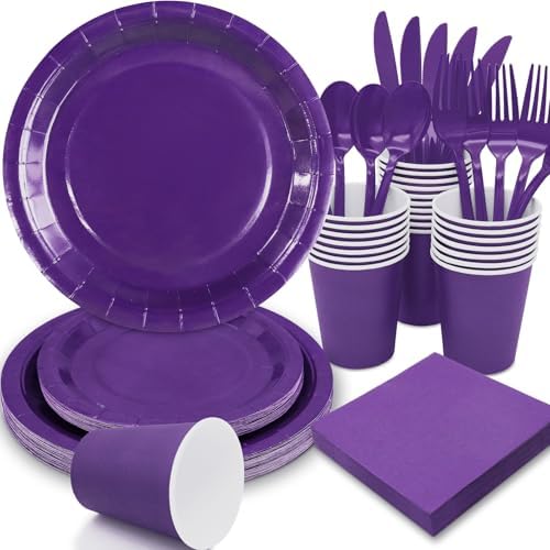 Purple Paper Plates Party Supplies,350pcs Purple Plates and Cups and Napkins Set for Mardi Gras Birthday Decorations for Women Srve 50 by Gudvilla
