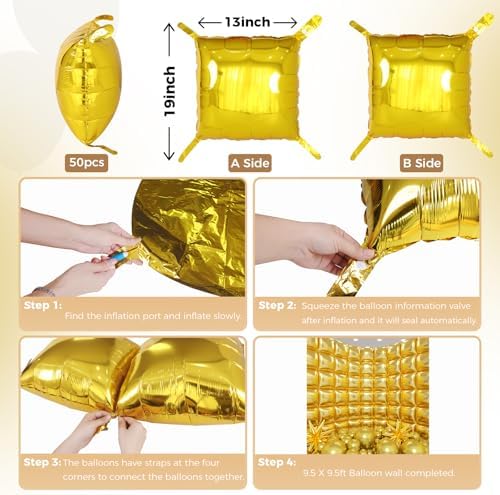 50pcs Metallic Gold Square Foil Balloons Wall Backdrop with 79pcs Metallic Gold Balloon Garland Arch Kit, Double Sided Balloon Tunnel for Anniversary Graduation Birthday New Year Decorations - Image 3