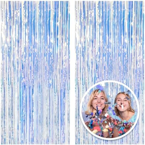 2 Pack Foil Curtain Backdrop Iridescent Metallic Tinsel Foil Fringe Curtains Photo Booth Props for Birthday Wedding Engagement Baby Shower Bachelorette Christmas Holiday Celebration Party Decorations by KEJ