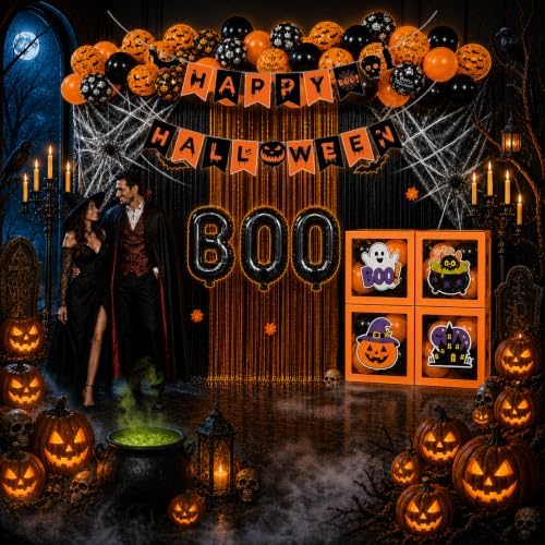 128 Pcs ​Halloween Party Decorations, Halloween Party Supplies - Balloon boxes, "HAPPY HALLOWEEN" Banner, "BOO" Banner, Multi Balloons, Bat Decor, Spider Wed - Image 5