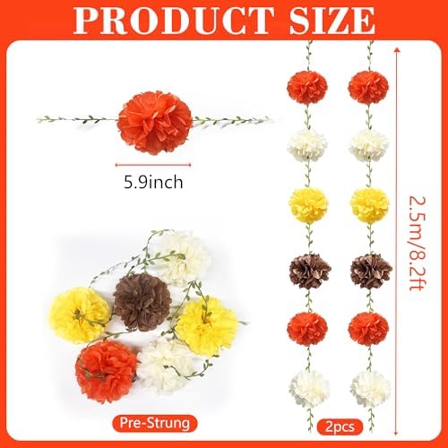 Fall Party Decorations Orange Yellow Brown Beige Tissue Paper Flowers Pom Pom Leaf Ribbon Hanging Garland Streamer for Thanksgiving Harvest Birthday Bachelorette Wedding Shower Party Supplies - Image 2