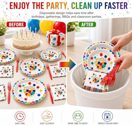 Birthday Party Supplies for 24 Guests – 96-Piece Disposable Party Tableware Set with Plates, Birthday Plates and Napkins, Forks, Colorful Balloons Party Supplies, Heavy Duty for Kids & Adults - Image 6