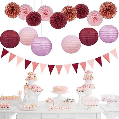 Rose-Gold Pink Burgundy Party Decorations - 15Pcs Tissue Pom Poms Paper Flowers Paper Lanterns Girl Birthday Baby Bridal Shower Bachelorette Engagement Wedding Mothers Day Valentines Galentines Decor - Image 5