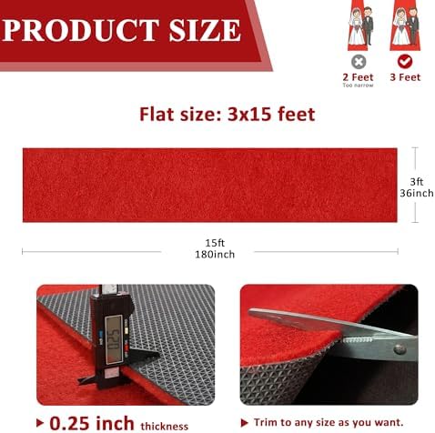 Extra Thick Red Carpet Runner for Party, 3ft x 15ft Red Runner Rug - Image 2