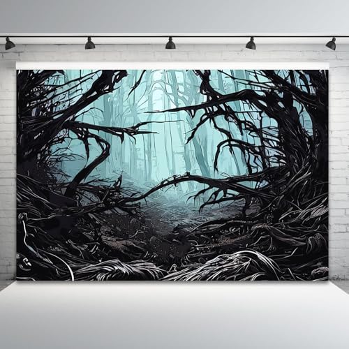 Misty Forest Backdrop for Halloween Party Dark Blue Gothic Movies Theme Spooky Foggy Woods Trees Silhouette Background Photography Studio Photo Booth Props 6x4ft by CRTPODHomeDecor