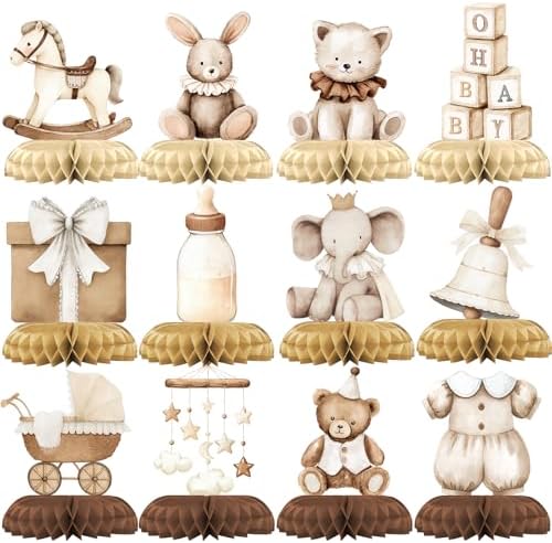12 Pcs Neutral Baby Shower Decorations - Vintage Boho Baby Shower Centerpieces for Tables - Neutral Honeycomb Table Decor with Baby Essentials Teddy Bear Elephant for Baby Shower 1st Birthday by Unknown
