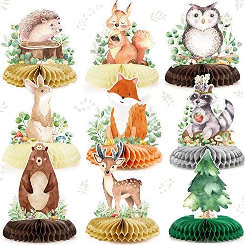 Fumete 9 Pack Woodland Animals Honeycomb Centerpieces 3D Table Topper Forest Baby Shower Decorations Safari Jungle Wildlife Creatures Sage Green Theme Decor for Girl Boy First Birthday Party Camping by Fumete