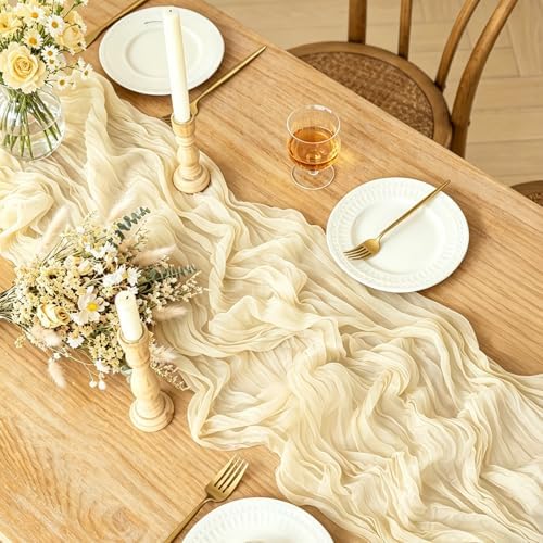 3Pcs Beige Table Runner, 10FT Rustic Cheesecloth Table Runner 35*120inch Boho Beige Runner for Wedding Bridal Shower Baby Shower Table Centerpiece Decorations - Image 2