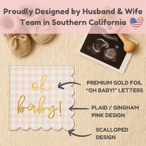 Cloverjoyed 'Oh Baby' Pink Baby Shower Decorations for Girls, Pink Plaid Oh Baby Napkins, Gingham Scalloped It's a Girl Decor, 1st Birthday, Welcome Home, Sprinkles, Pregnancy Announcement, 50 Pack - Image 6