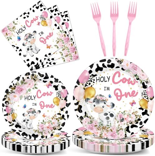 gisgfim 96Pcs Holy Cow Party Supplies Paper Plates Napkins Cow Party Decor by gisgfim