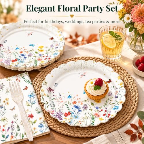 48PCS Fall Wildflower Scalloped Paper Plates&Napkins Floral Party Supplies - Image 3